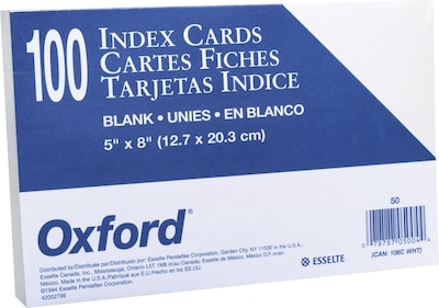 Oxford Index Cards, 5 x 8, White, 100 Cards/Pack (50EE)