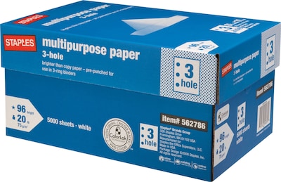 Staples® 8.5 x 11 3-Hole Punch Multipurpose Paper, 20 lbs., 96 Brightness, 500/Ream, 10 Reams/Cart