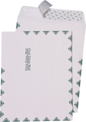 Quality Park First Class Redi-Strip Redi-Seal Catalog Envelope, 10 x 13, White/Green Border, 100/B