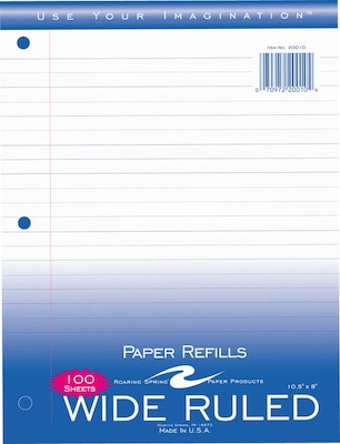Roaring Spring Paper Products Wide Ruled Filler Paper, 8 x 10.5, 3-Hole Punched, 100 Sheets/Pack (