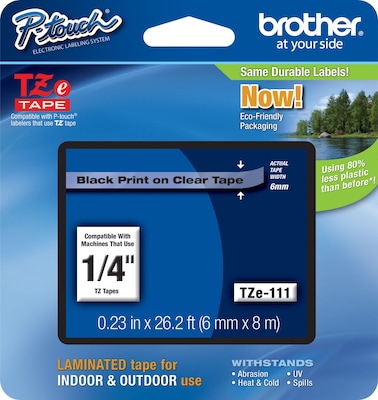 Brother TZ-E111 Label Maker Tape, 0.23"W, Black On Clear | Quill.com