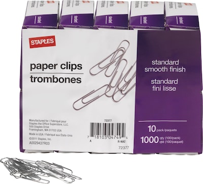 Staples® #1 Size Smooth Paper Clips, Silver, 100/Box, 10 Boxes/Pack (A7026607/72377)