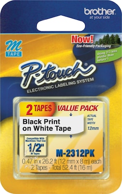 Brother P-touch M-231 Label Maker Tape, 1/2 x 26-2/10, Black on White, 2/Pack (M-2312PK)