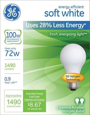 GE Halogen Bulb, 72 Watt, 1270 Lumen, Soft White, 2/Pk | Quill.com