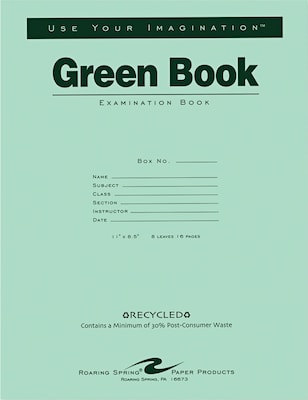 Roaring Spring Paper Products Exam Notebooks, 8.5" x 11", Wide Ruled, 8 Sheets, Green (77509)