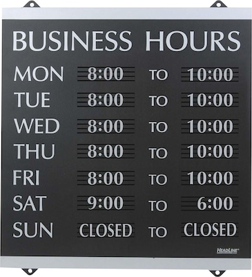 Business Hours Sign, 14x13, Black/Silver, Caution Sign
