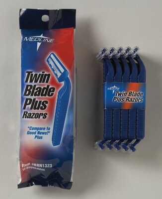 Medline Twin Blade Facial Razors with Lube Strip, Blue, 50/Box