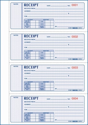 Money Receipt Forms, Carbonless, 3 Part, Hard Cover, 2-3/4" x 7", 200 Sets/Book (RED8L818)