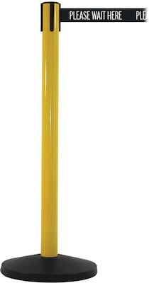 SafetyMaster 450 Yellow Stanchion Barrier Post with Retractable 8.5 Black/White PL WAIT HERE Belt
