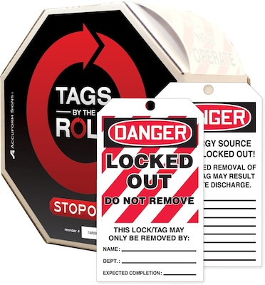 Accuform Tags By-The-Roll 6 1/4 x 3 Lockout Tag DANGER..RE, Black/Red On White, 100/Roll (TAR418