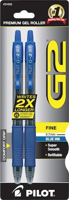 Pilot G2 Retractable Gel Pens, Fine Point, Blue Ink, 2/Pack (31032)