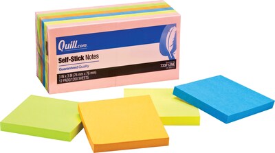 Quill Brand® Self-Stick Notes, 3 x 3, Neon Colors, 100 Sheets/Pad, 12 Pads/Pack (733F12NE)