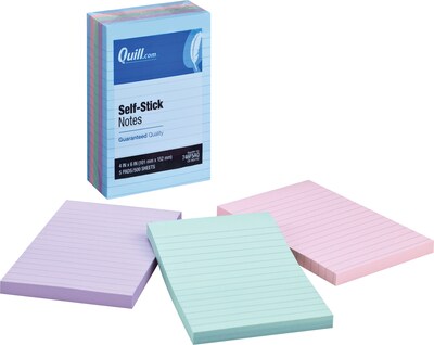 Quill Brand® Self-Stick Notes, 4" x 6", Coastal Pastel Colors, Lined, 100 Sheets/Pad, 5 Pads/Pack (746F5AQ)