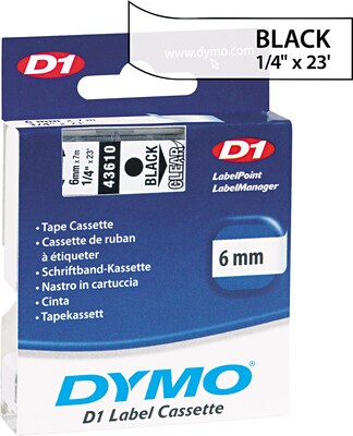 DYMO D1 43610 Printer Label, 1/2W, Black on Clear