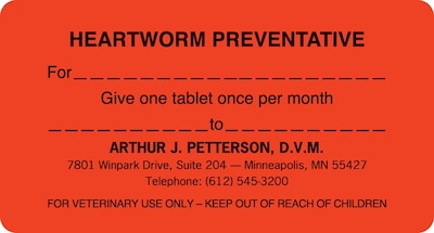 Heartworm Preventative Labels, Red, 3-1/4x1-3/4, 500 Labels