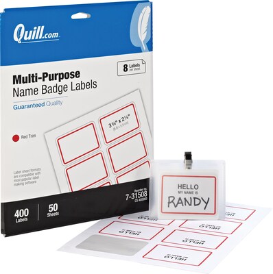 Quill Brand Self Adhesive Name Badges, 2-1/3 x 3-3/8, White/Red, 8 Labels/Sheet, 50 Sheets/Pack (Compare to Avery 5143)