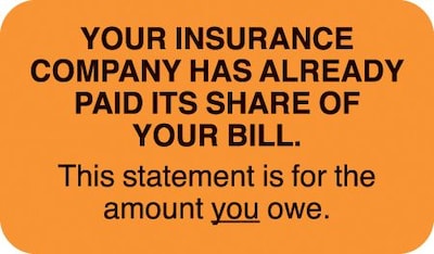 Patient Insurance Labels, Your Insurance Co. Paid, You Owe, Fl Orange, 7/8x1-1/2, 500 Labels