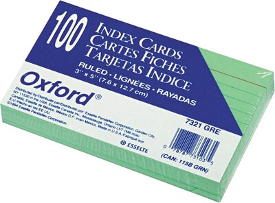 Oxford 3 x 5 Index Cards, Lined, Green, 100/Pack (7321GRE)