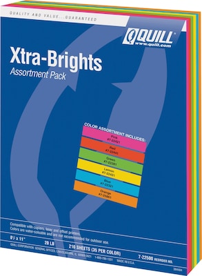 Quill Brand® Brights Multipurpose Paper, 20 lbs., 8.5" x 11", Assorted Colors, 210 Sheets/Pack (722500)