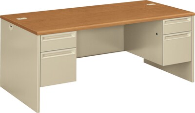 HON® 38000 Series Double Pedestal Desk, Harvest Oak/Putty, 72Wx36"D