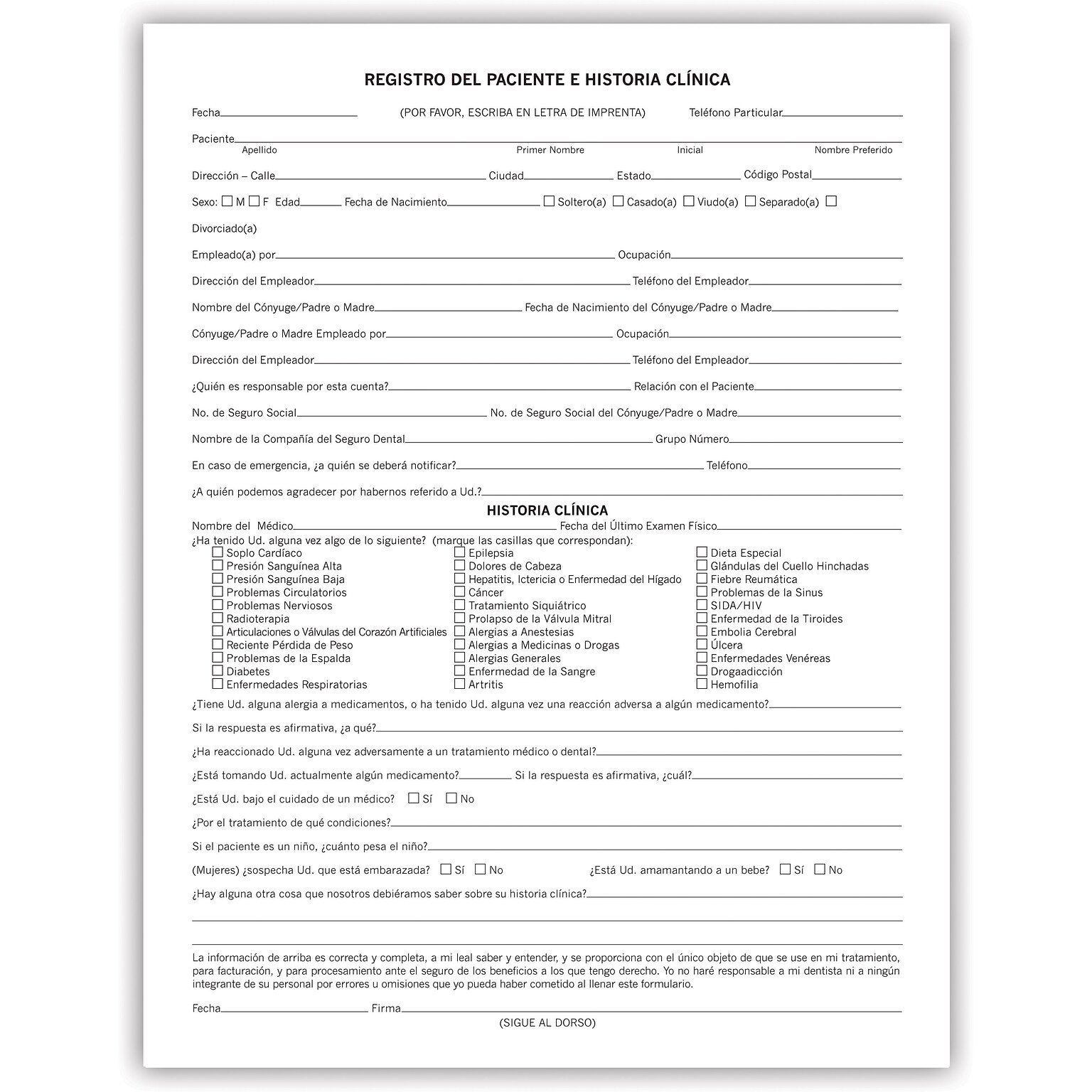 Medical Arts Press® Dental Registration and Medical History Form, Spanish