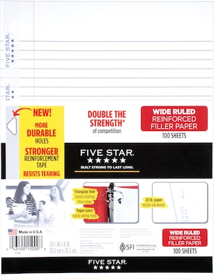 Five Star Reinforced Wide Ruled Filler Paper, 10-1/2" x 8", White, 100 Sheets/Pack (15000)