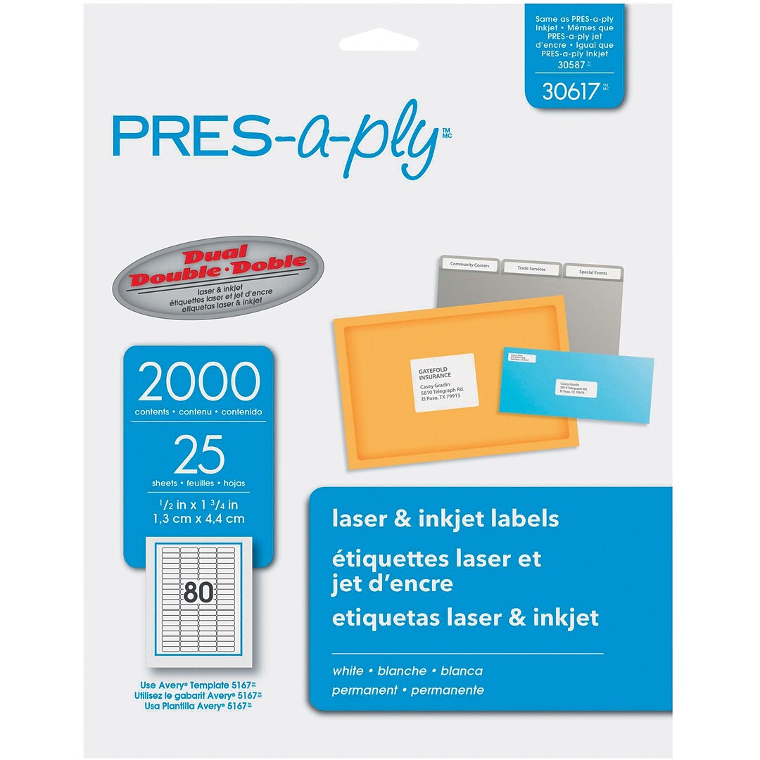 Avery Pres A Ply Laser Address Label 1 2 X 1 3 4 White 80 Labels Sheet 25 Sheets Pack Quill Com