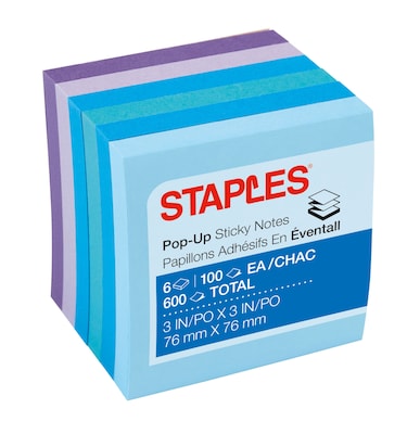 Staples Stickies® Pop-Up Notes, Assorted Watercolors, 3" x 3", 6 Pads/Pack (S-33WCP6)