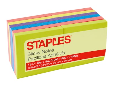 Staples® Notes, 3 x 3, Dusk to Dawn Collection, 100 Sheet/Pad, 12 Pads/Pack (S-33BR12/52567)