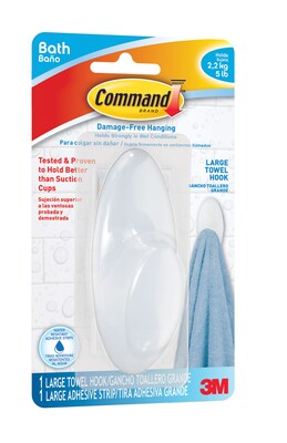 Command Large Bathroom Hooks, White, 1 Hook, 1 Large Water-Resistant Strip/Pack (BATH17-3ES)