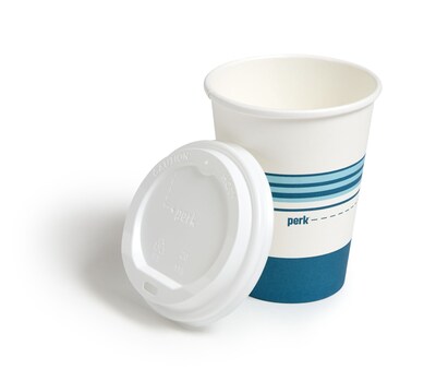Perk™ Paper Cup & Lid Combo, 12 Oz., White/Blue, 50/Pack (PK54365)