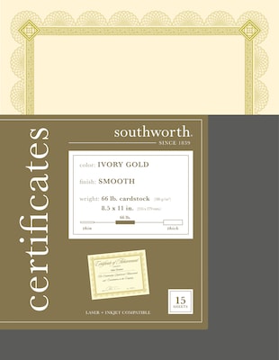 Southworth Premium Spiro Design Certificates, 8.5 x 11, Ivory/Gold, 15/Pack (CTP2V)