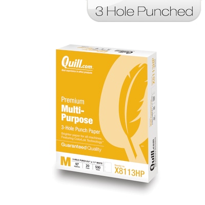 Quill Brand® 8.5 x 11 3-Hole Punch Premium Multipurpose Paper, 20 lbs., 97 Brightness, 500 Sheets/
