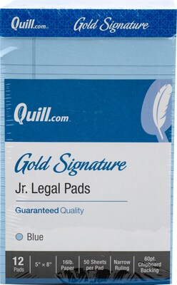Quill Brand® Gold Signature Premium Series Legal Pad, 5 x 8, Legal Ruled, Blue, 50 Sheets/Pad, 12 Pads/Pack (742310)