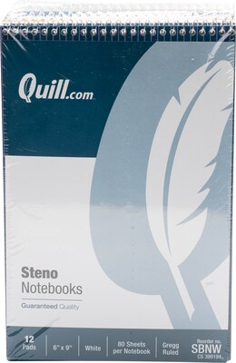 Quill Brand® Steno Pads, 6" x 9", Gregg Ruled, White, 80 Sheets/Pad, 12 Pads/Pack  (SBNW) | Quill.com