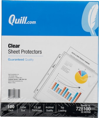 Quill Brand® Standard  weight Sheet Protectors, 8-1/2 x 11, Clear, 100/Box (728100)