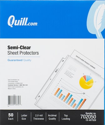 Quill Brand® Top-Loading Lightweight Sheet Protectors, 8-1/2 x 11, Semi-Clear, 50/Box (702050)