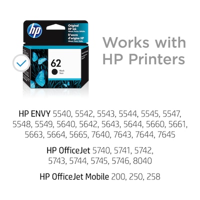 HP 62 Black Standard Yield Ink Cartridge (C2P04AN#140), print up to 200 pages