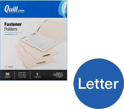 Quill Brand® Heavy-Duty Reinforced Assorted Tabs  2-Fastener Folders, Letter, Manila, 50/Box (737513