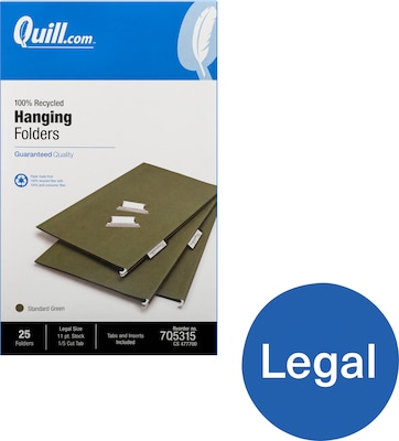 Quill Brand® 100% Recycled 5-Tab Hanging File Folders, Legal Size, Green, 25/Box (7Q5315)