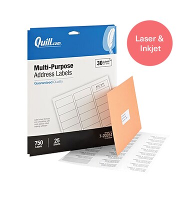 Quill Brand® Laser/Inkjet Address Labels, 1 x 2-5/8, White, 30 Labels/Sheet, 25 Sheets/Box (Comparable to Avery 5260)