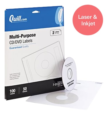 Quill Brand® Laser/Inkjet CD/DVD Labels; White, 8-1/2x11, 100 Labels/Pack (016874)