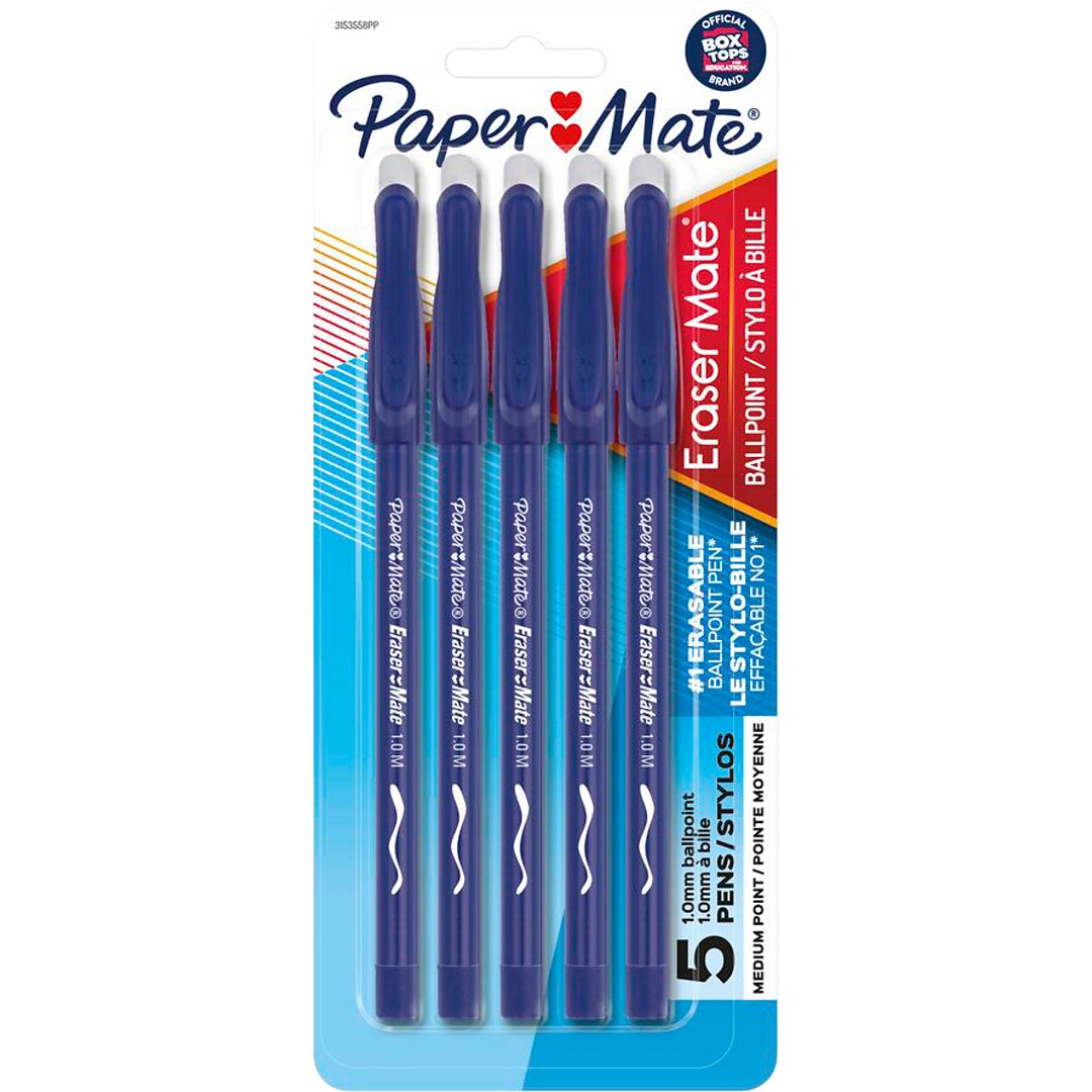 Paper Mate Eraser Mate Erasable Ballpoint Pen, Medium Point, Blue Ink,  5/Pack (3153558PP) | Quill.com
