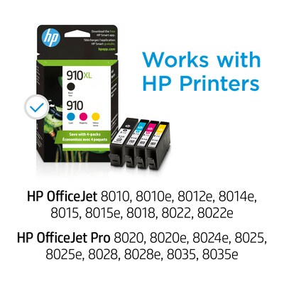 HP 910XL/910 Black High Yield and Cyan/Magenta/Yellow Standard Yield Ink Cartridge, 4/Pack (3JB41AN#