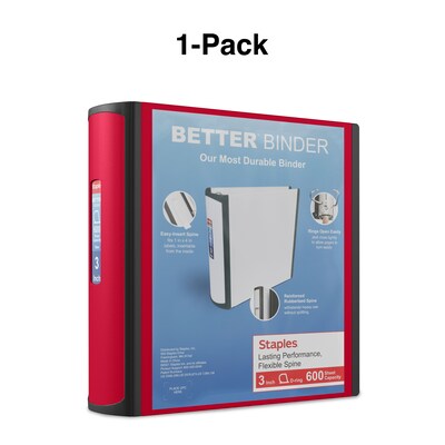 Staples® Better 3" 3 Ring View Binder with D-Rings, Red (18367)