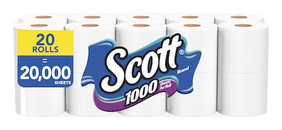 Scott 1-Ply Standard Toilet Paper, White, 1000 Sheets/Roll, 20 Rolls/Carton (20032)
