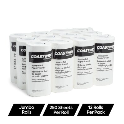 Coastwide Professional Jumbo Kitchen Rolls Paper Towel, 2-Ply, White, 250 Sheets/Roll, 12 Rolls/Cart