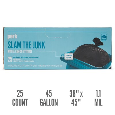 Perk™ 45 Gallon Kitchen Industrial Trash Bag, 45 x 38, Low Density, 1.1 mil, Black, 25 Bags/Box (P