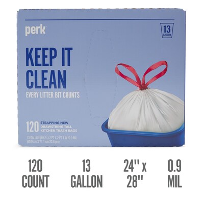 Perk™ 13 Gallon Kitchen Trash Bag, 28 x 24, Low Density, 0.9 mil, White, 120 Bags/Box (PK56750)