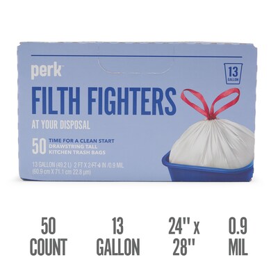 Perk™ 13 Gallon Kitchen Trash Bag, 28 x 24, Low Density, 0.9 mil, White, 50 Bags/Box (PK56745)